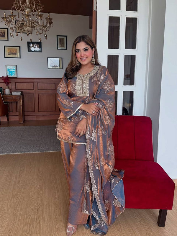 Beautiful Dusty Grey Color Embroidery Palazzo Suit