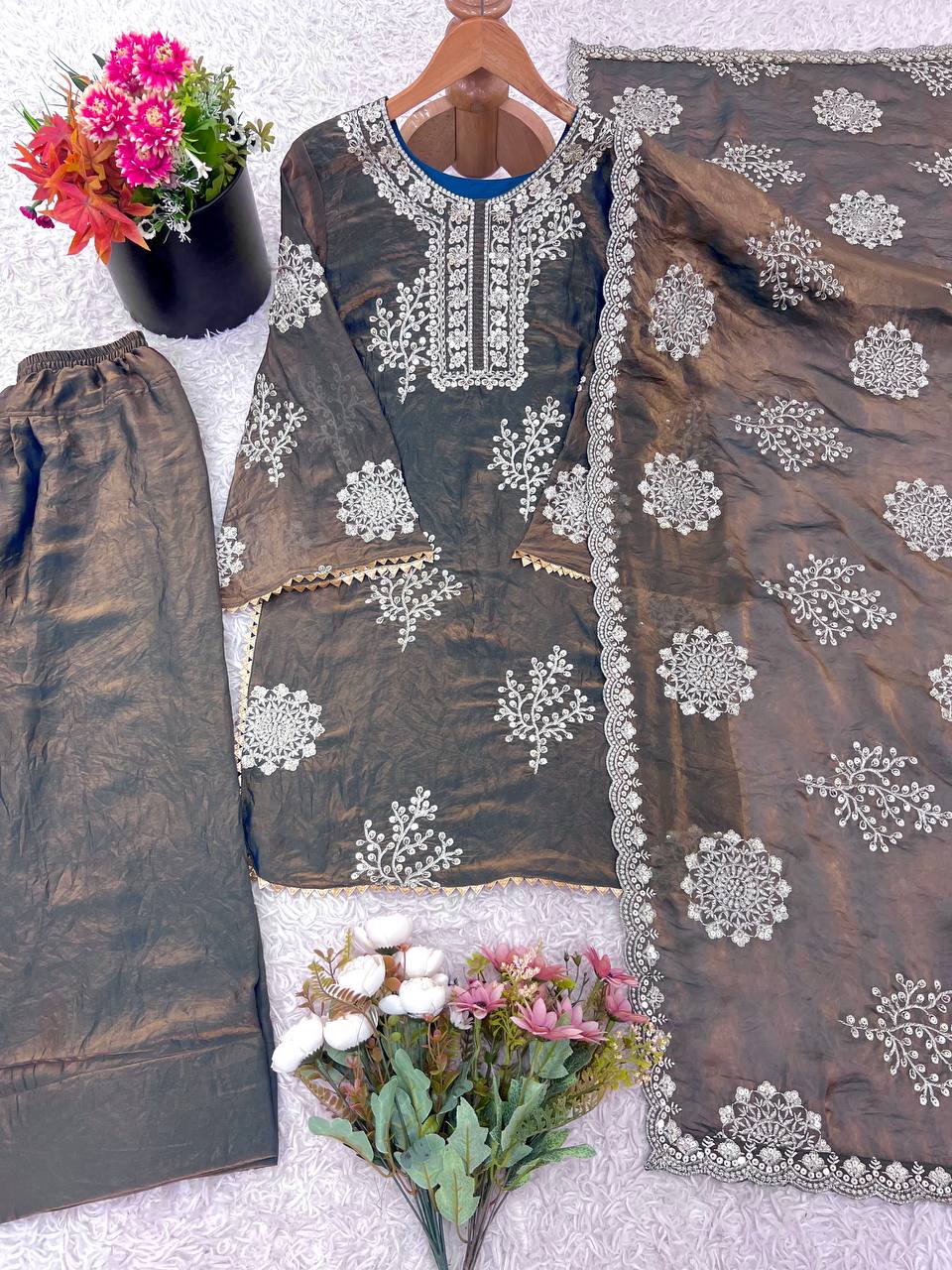 Beautiful Dusty Grey Color Embroidery Palazzo Suit