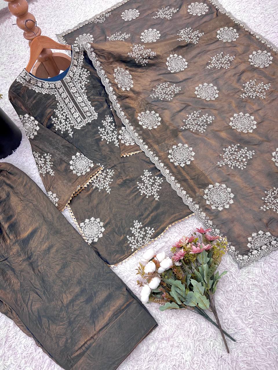 Beautiful Dusty Grey Color Embroidery Palazzo Suit
