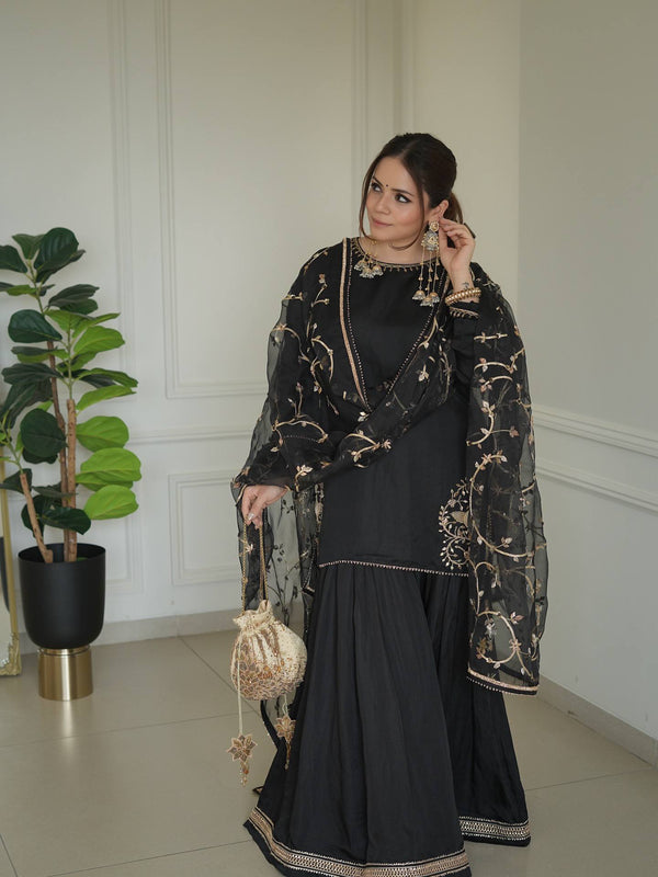 Wedding Wear Black Color Embroidery Work Designer Top With Sharara Set
