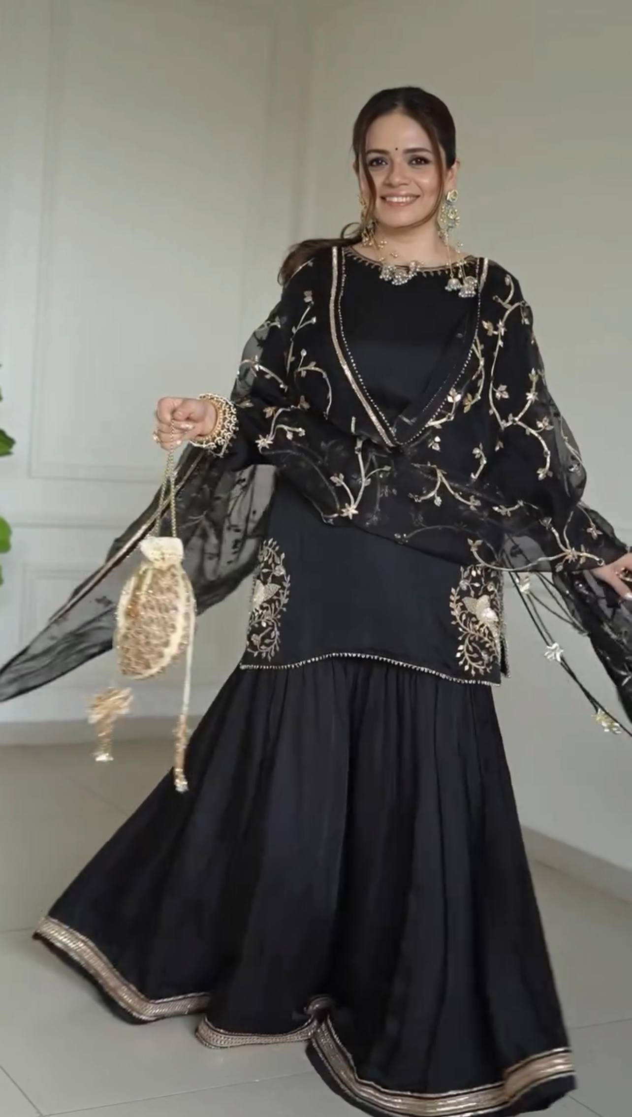 Wedding Wear Black Color Embroidery Work Designer Top With Sharara Set