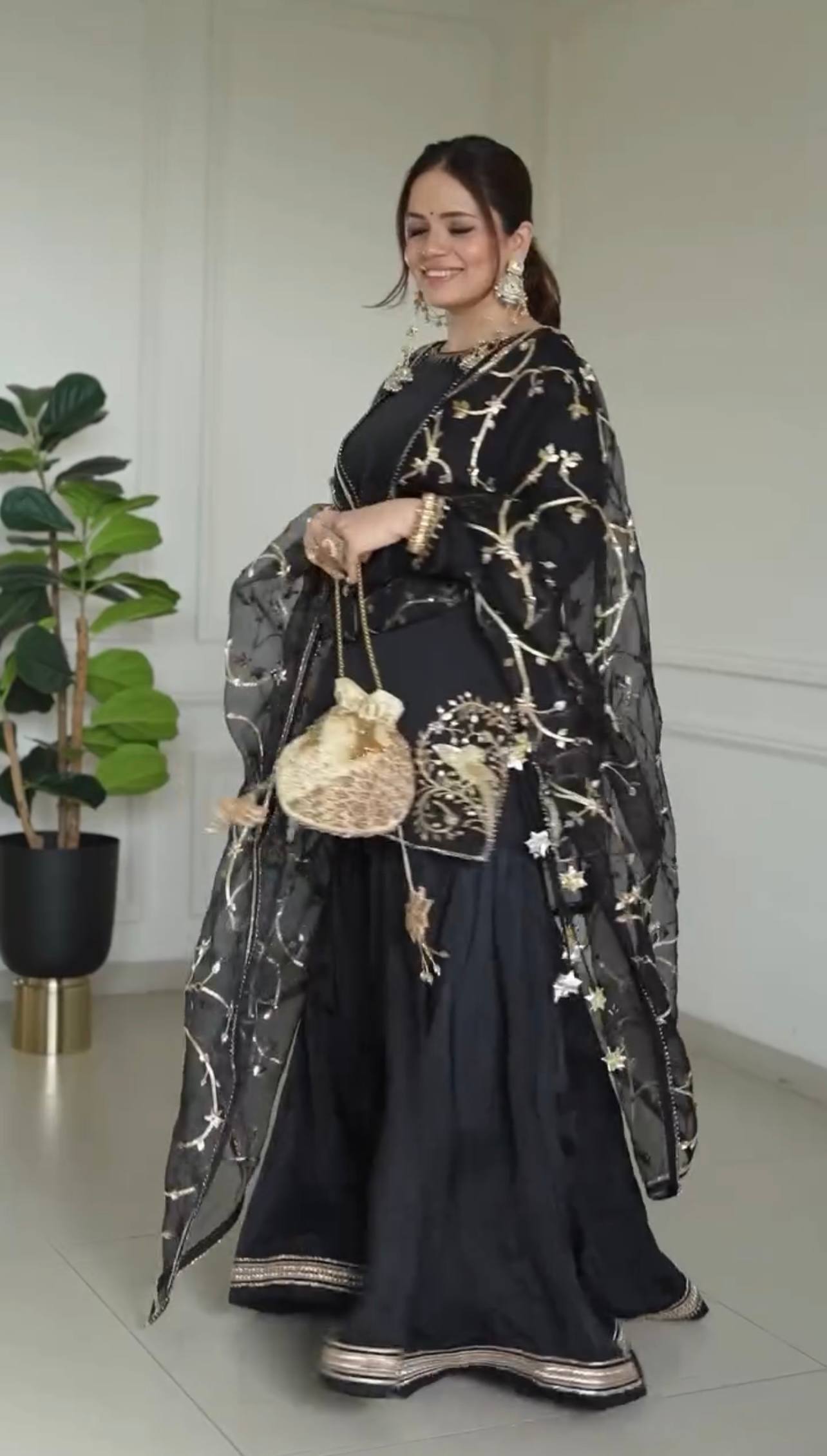 Wedding Wear Black Color Embroidery Work Designer Top With Sharara Set