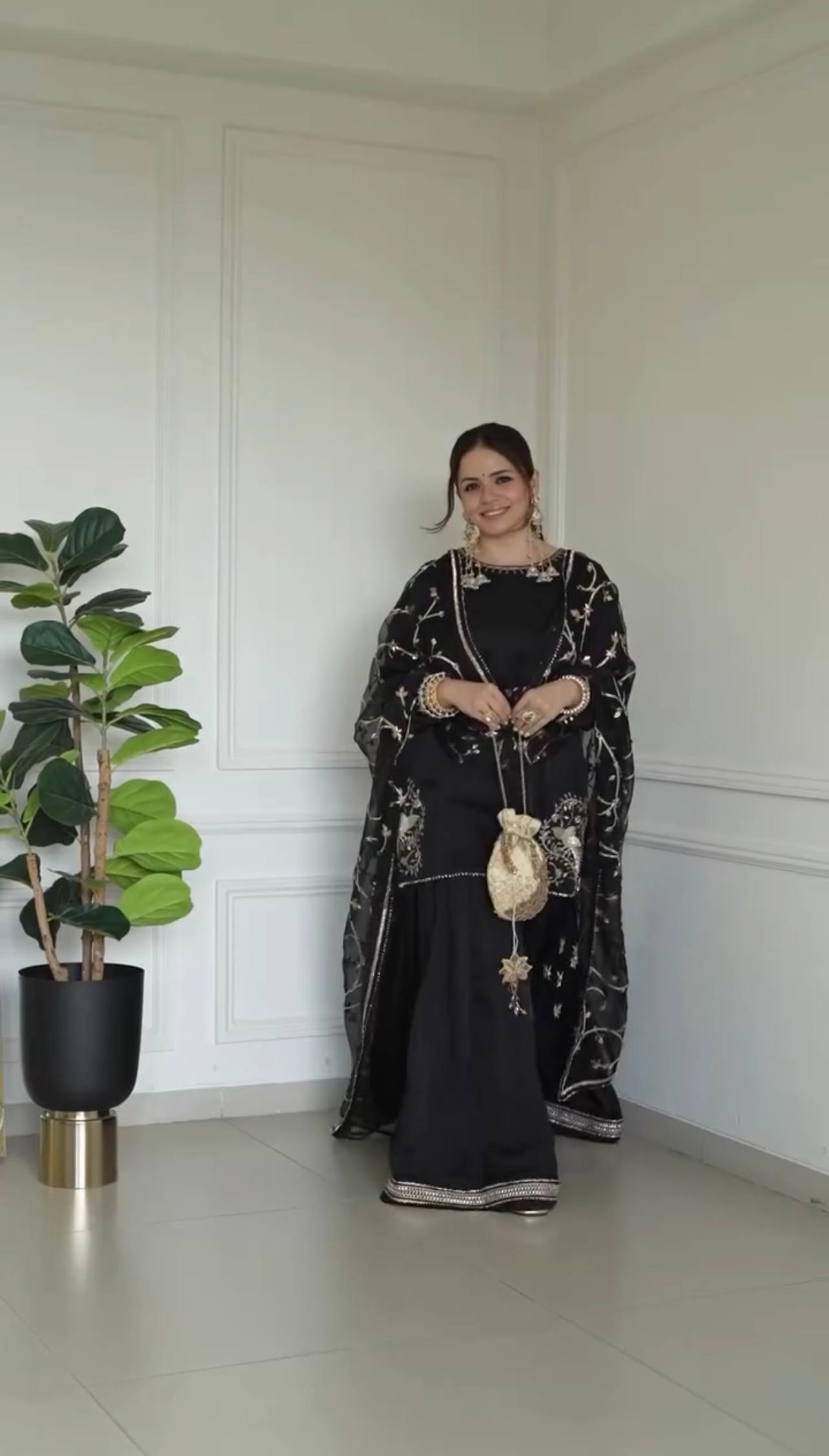 Wedding Wear Black Color Embroidery Work Designer Top With Sharara Set