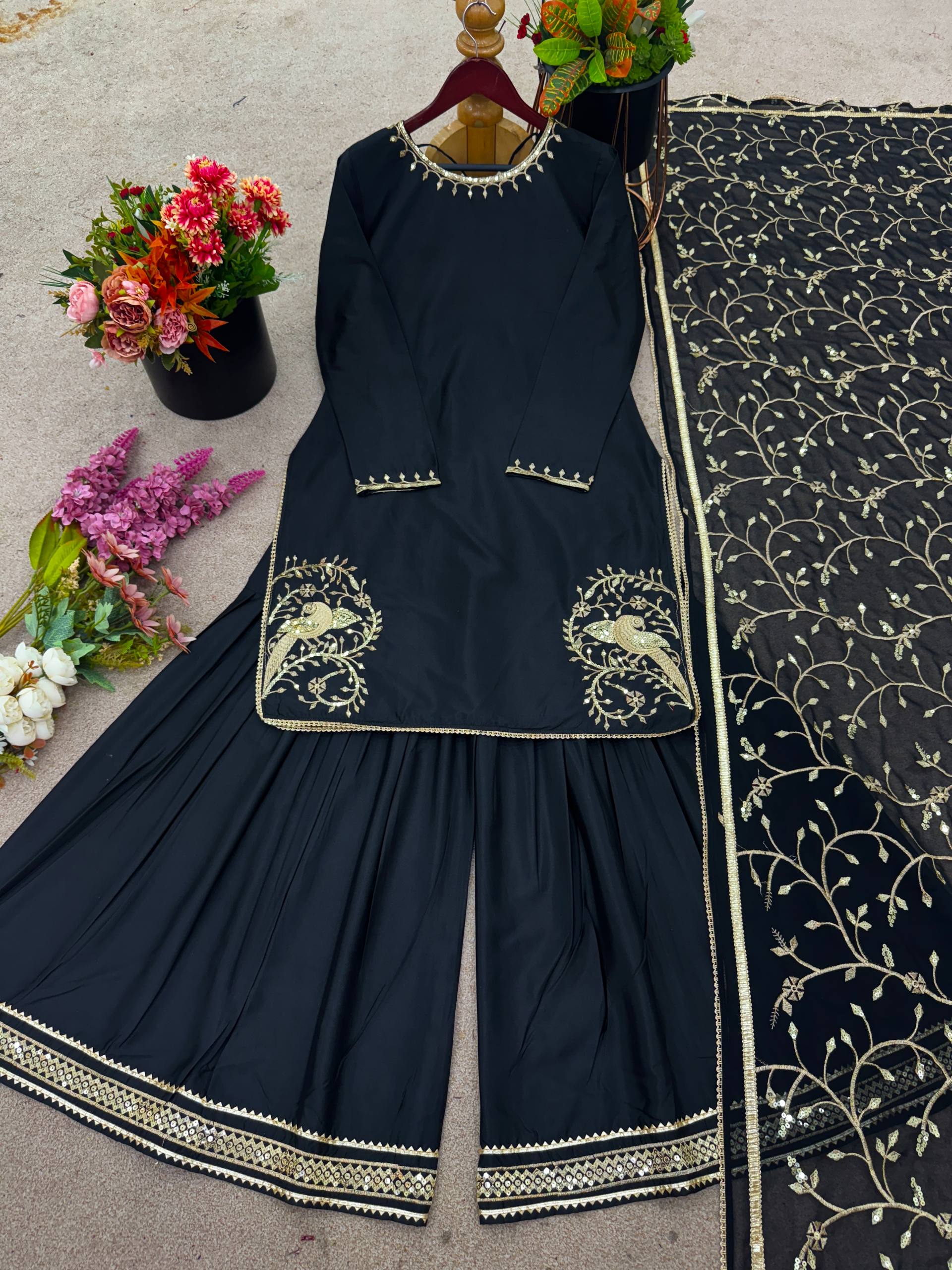 Wedding Wear Black Color Embroidery Work Designer Top With Sharara Set