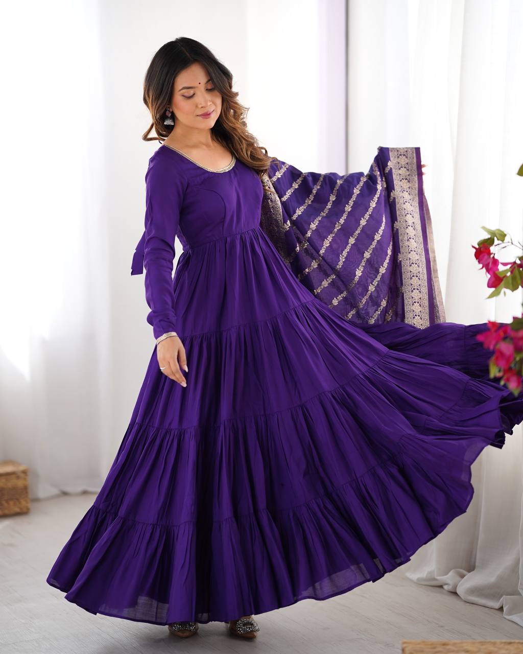 Embellished Blue Color Pure Roman Silk Chanderi Fabric Fully Flair Anarkali Gown