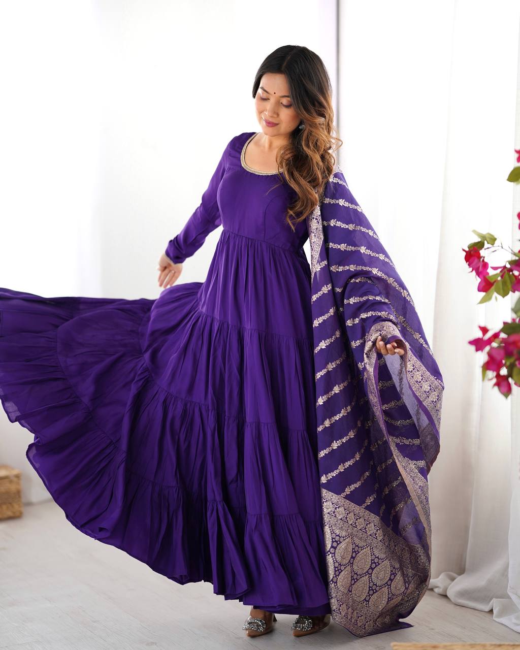 Embellished Blue Color Pure Roman Silk Chanderi Fabric Fully Flair Anarkali Gown