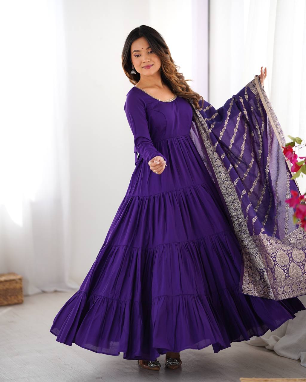 Embellished Blue Color Pure Roman Silk Chanderi Fabric Fully Flair Anarkali Gown