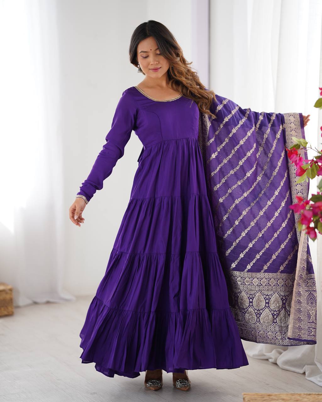 Embellished Blue Color Pure Roman Silk Chanderi Fabric Fully Flair Anarkali Gown