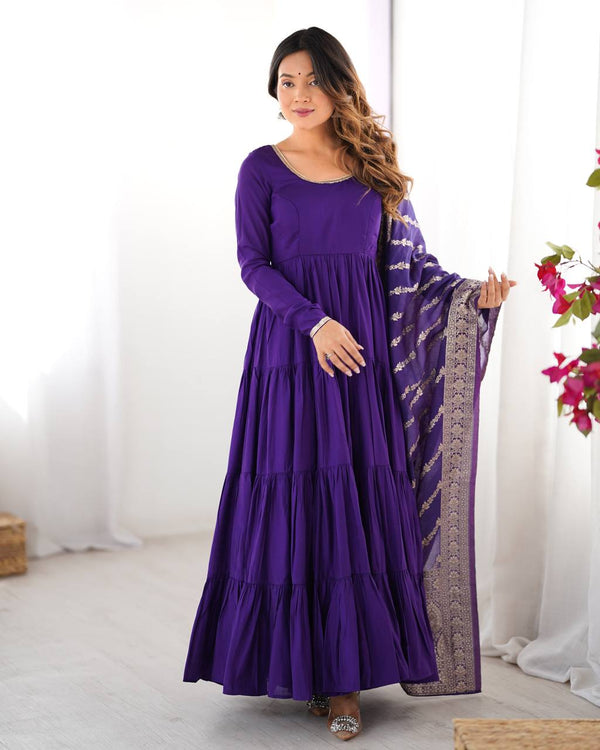 Embellished Blue Color Pure Roman Silk Chanderi Fabric Fully Flair Anarkali Gown
