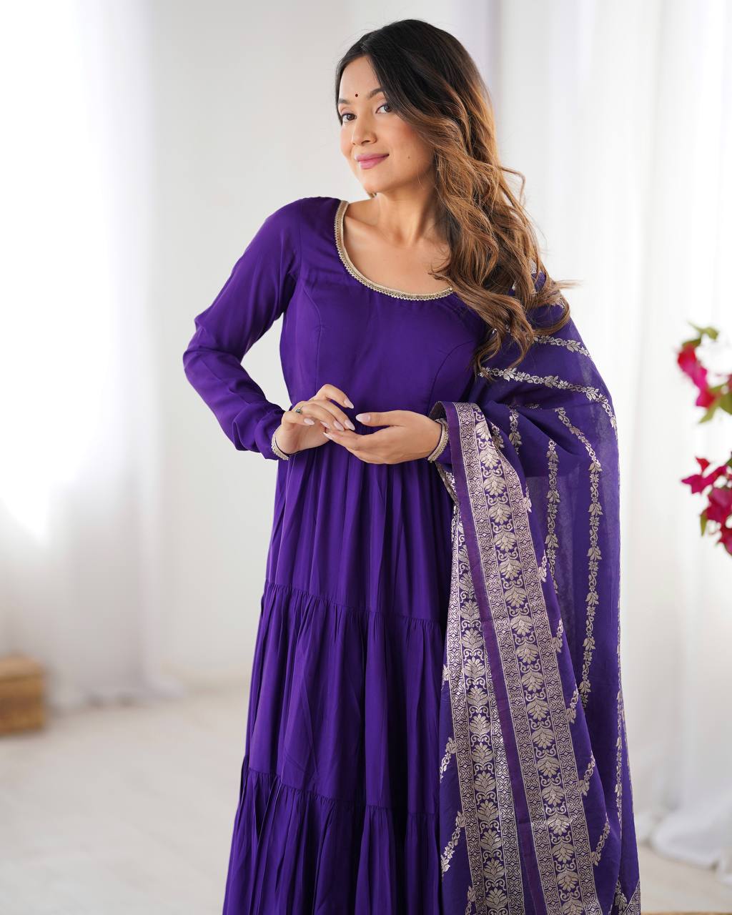 Embellished Blue Color Pure Roman Silk Chanderi Fabric Fully Flair Anarkali Gown