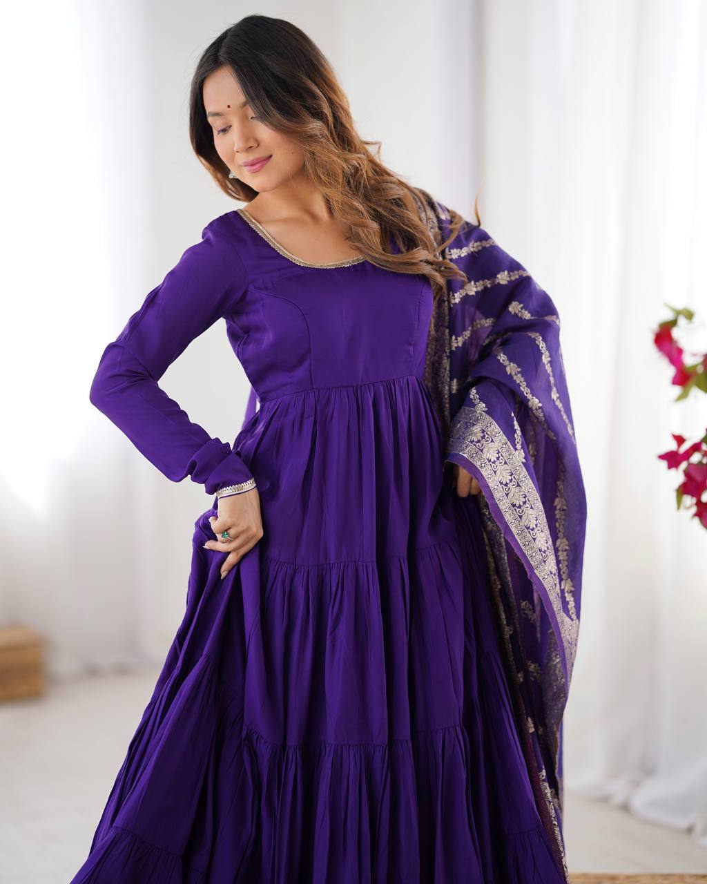 Embellished Blue Color Pure Roman Silk Chanderi Fabric Fully Flair Anarkali Gown