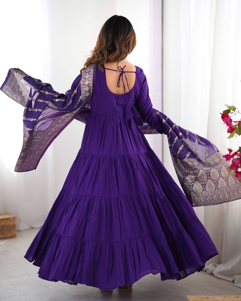 Embellished Blue Color Pure Roman Silk Chanderi Fabric Fully Flair Anarkali Gown