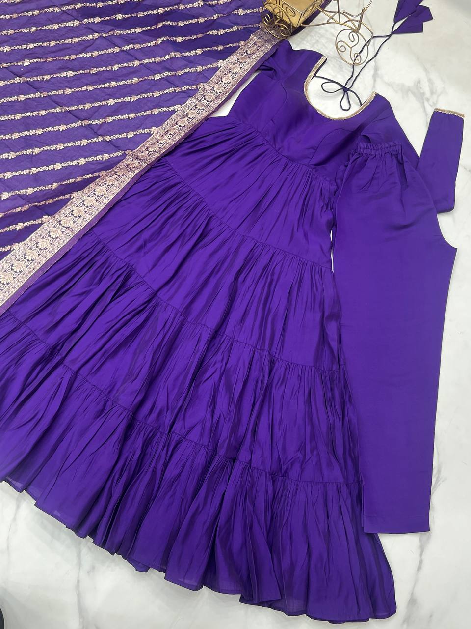 Embellished Blue Color Pure Roman Silk Chanderi Fabric Fully Flair Anarkali Gown