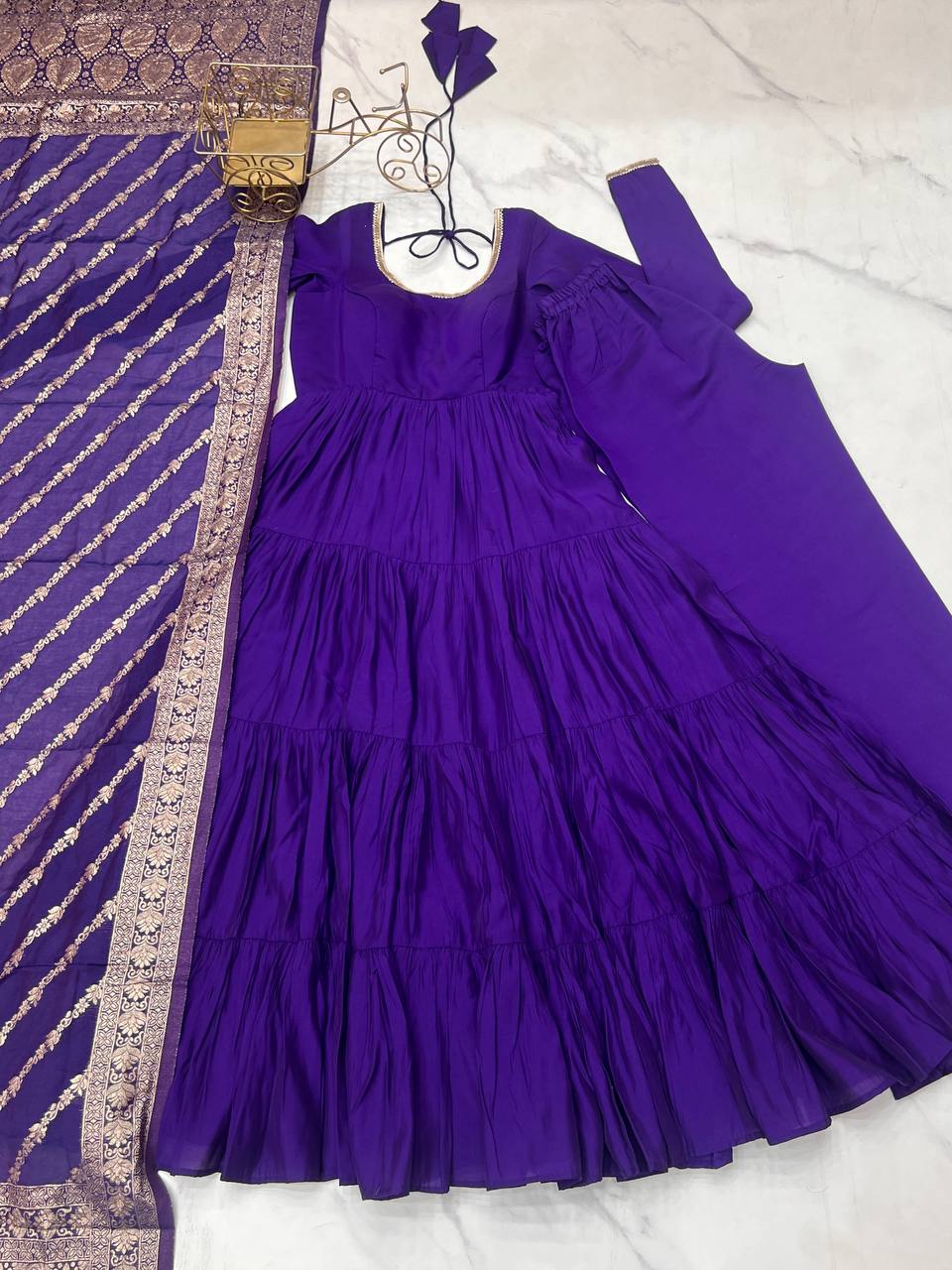 Embellished Blue Color Pure Roman Silk Chanderi Fabric Fully Flair Anarkali Gown