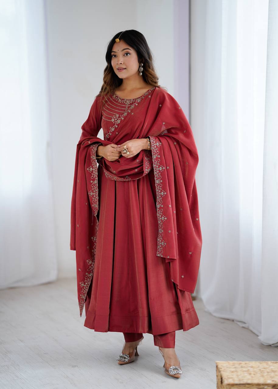 Alluring Maroon Color Embroidered Designer Anarkali Suit