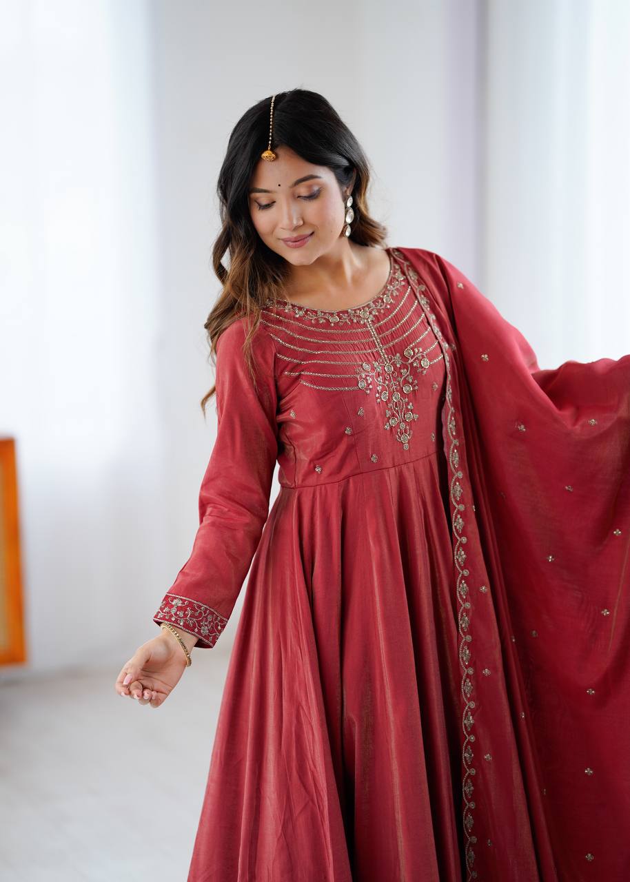 Alluring Maroon Color Embroidered Designer Anarkali Suit