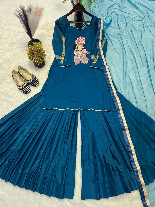 Wedding Wear Teal Blue Color Natural Crepe With Heavy Embroidery Work Palazzo Suit