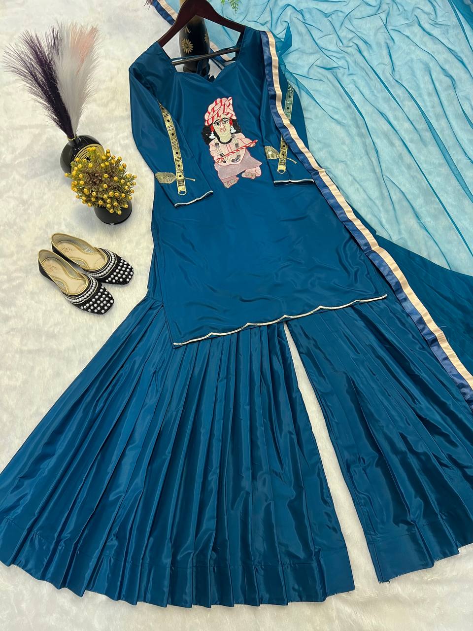 Wedding Wear Teal Blue Color Natural Crepe With Heavy Embroidery Work Palazzo Suit