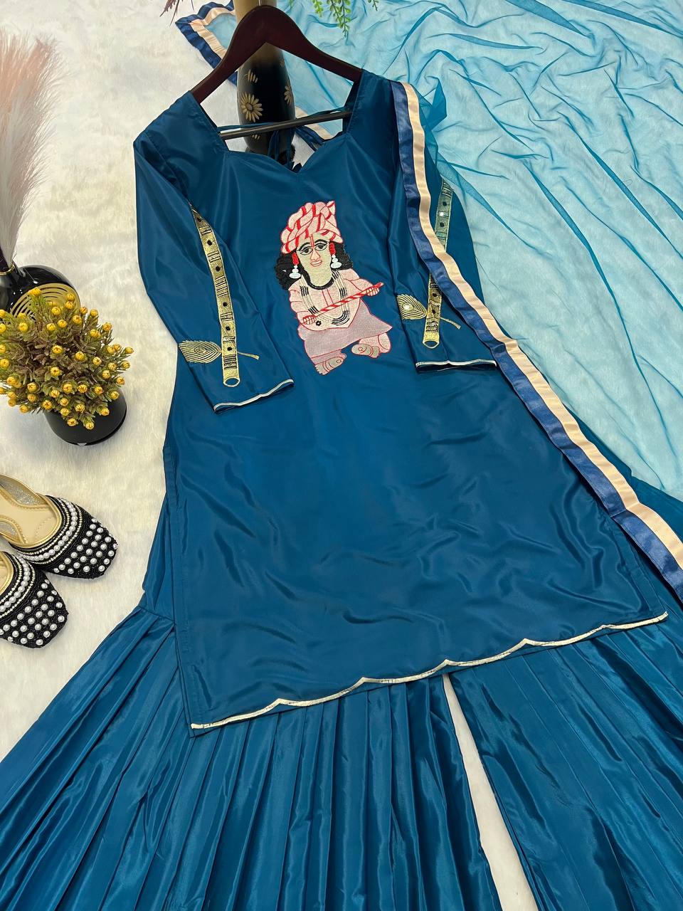 Wedding Wear Teal Blue Color Natural Crepe With Heavy Embroidery Work Palazzo Suit