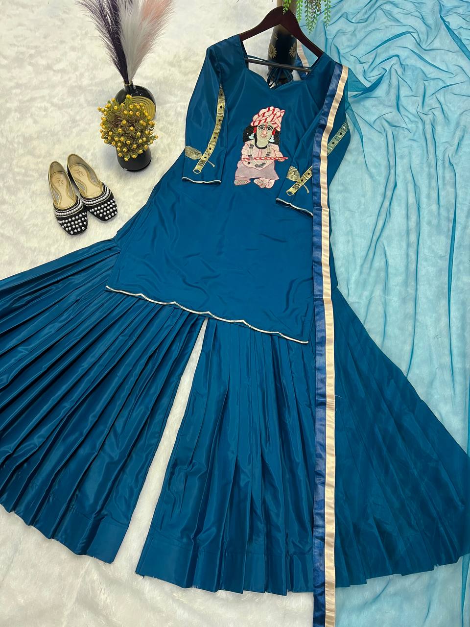 Wedding Wear Teal Blue Color Natural Crepe With Heavy Embroidery Work Palazzo Suit