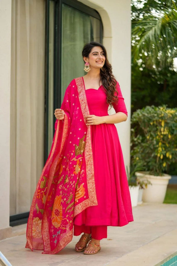 Party Wear Red Color Pure Chinon Anarkali Gown