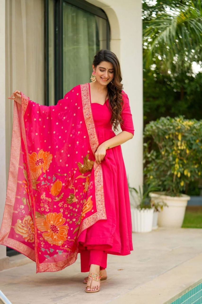 Party Wear Red Color Pure Chinon Anarkali Gown
