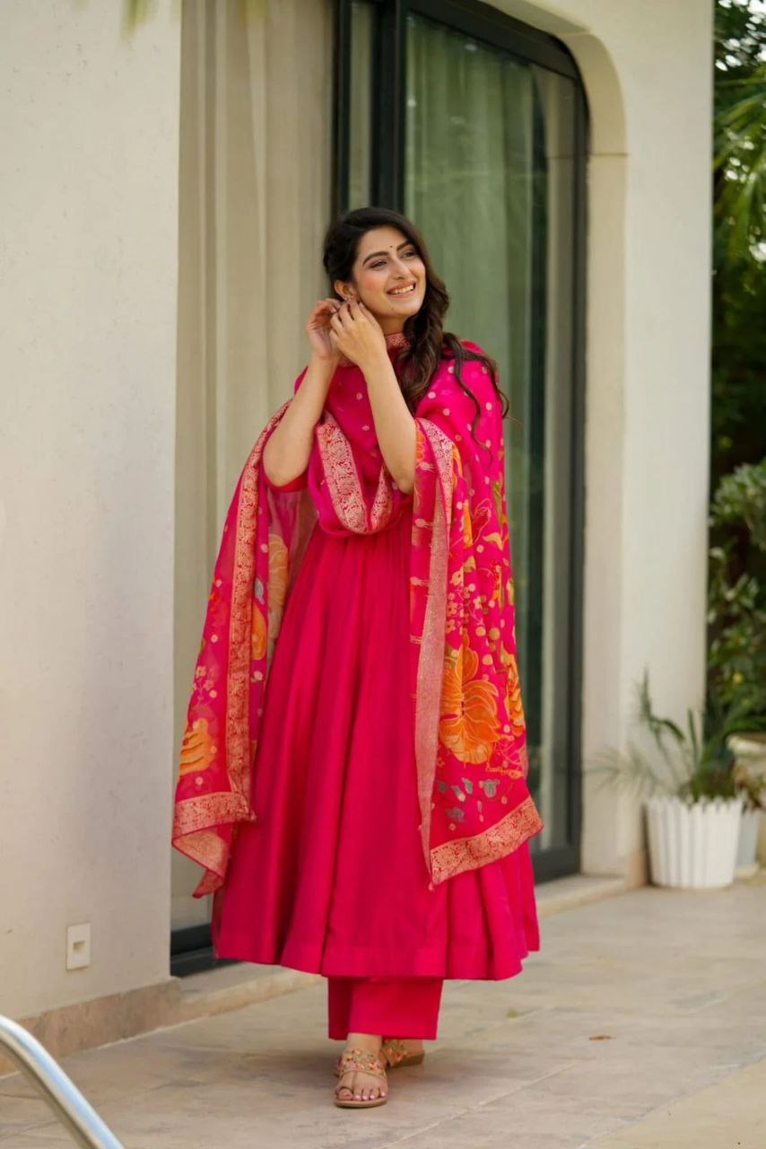 Party Wear Red Color Pure Chinon Anarkali Gown
