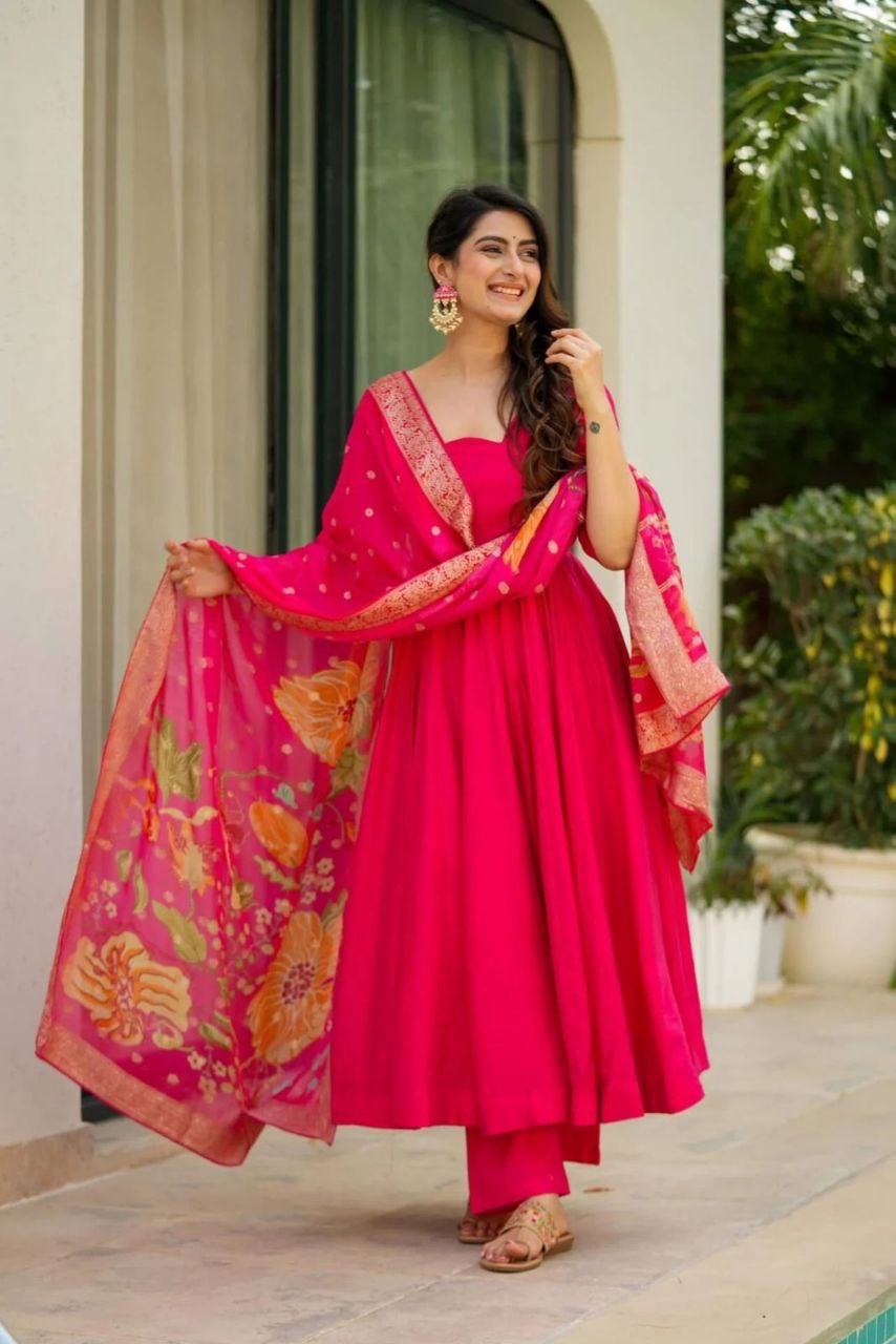 Party Wear Red Color Pure Chinon Anarkali Gown