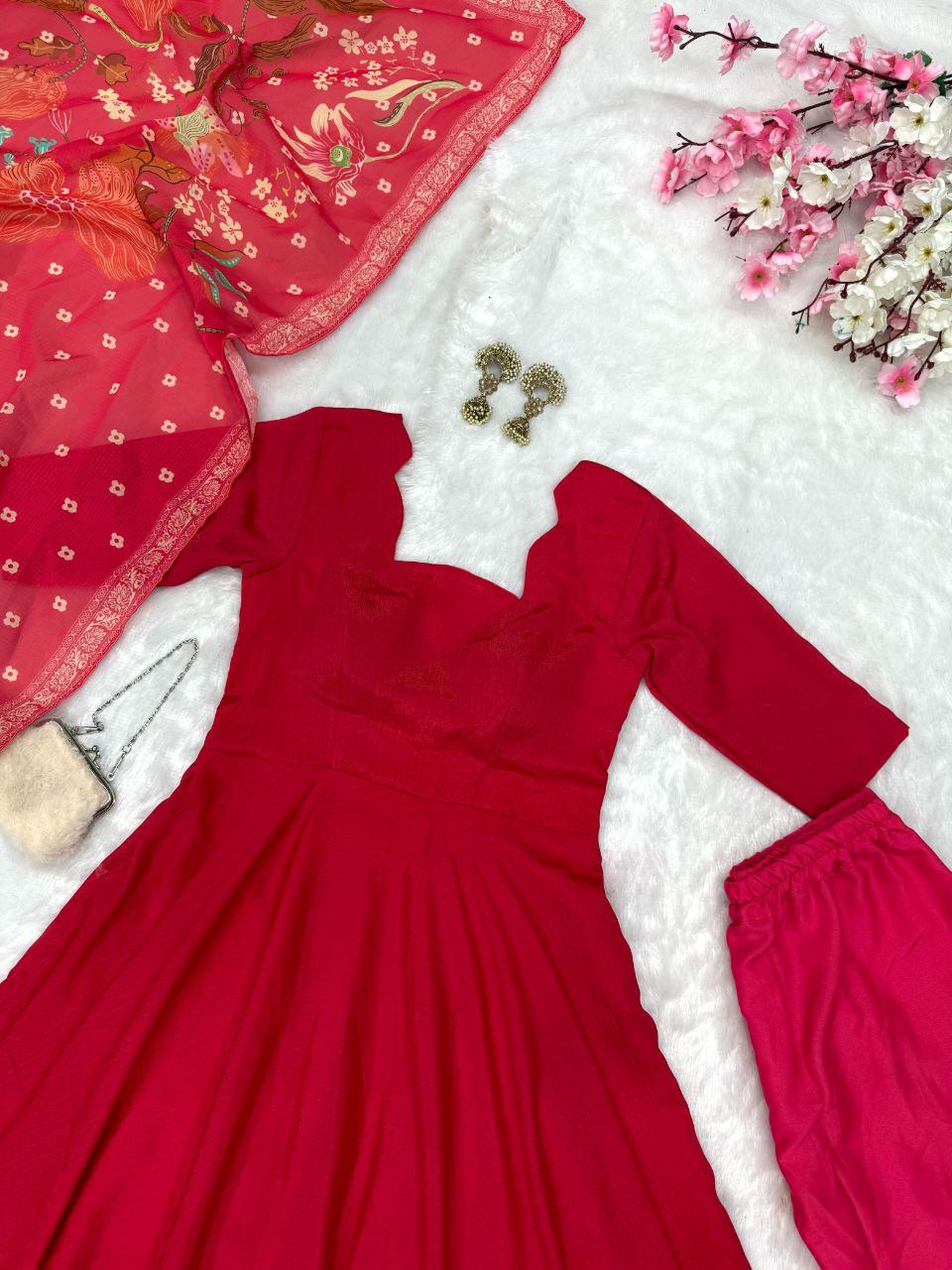 Party Wear Red Color Pure Chinon Anarkali Gown