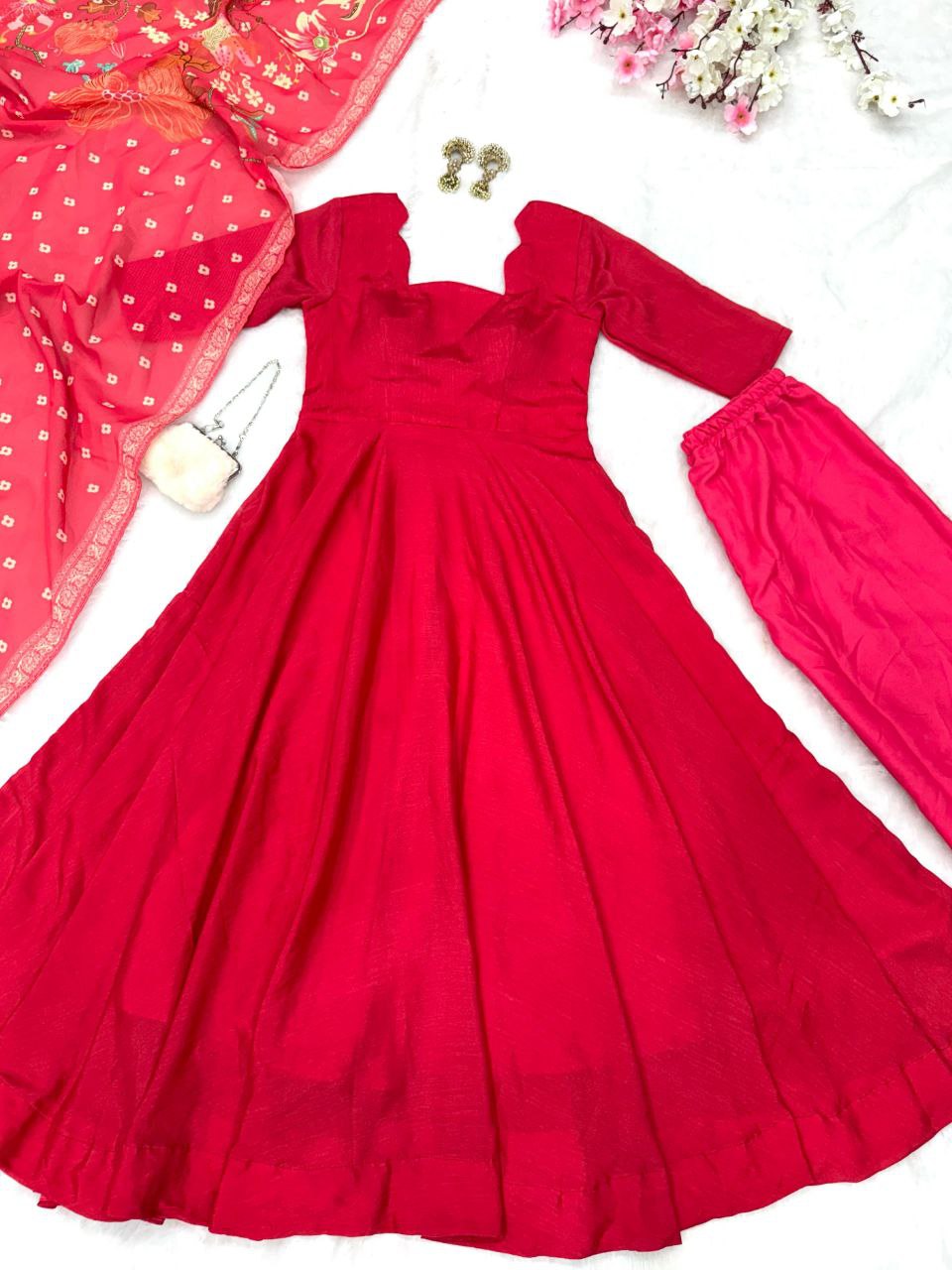 Party Wear Red Color Pure Chinon Anarkali Gown