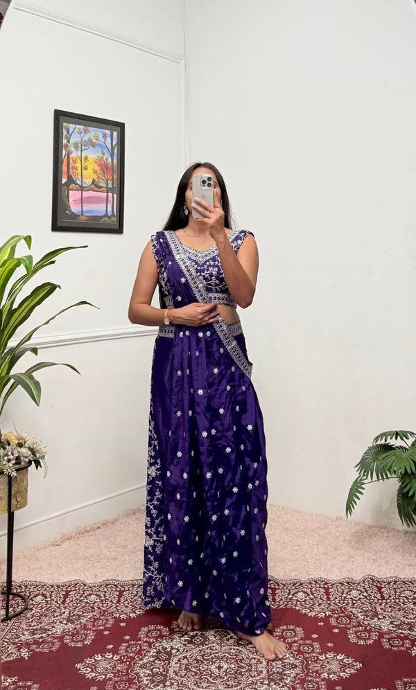 Party Wear Blue Color Chinon With Embroidery Work 3 Piece Indo-Western Set