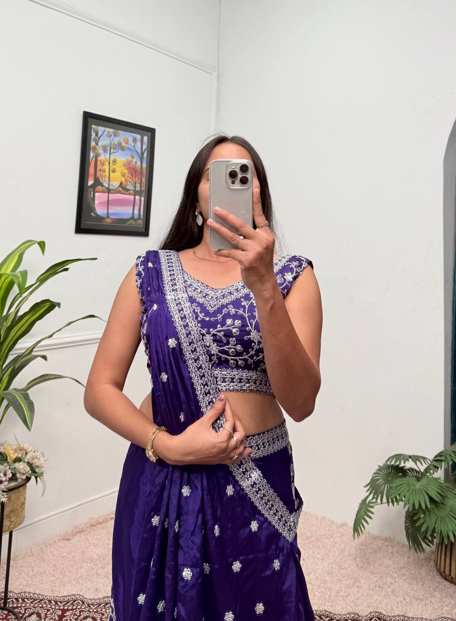 Party Wear Blue Color Chinon With Embroidery Work 3 Piece Indo-Western Set