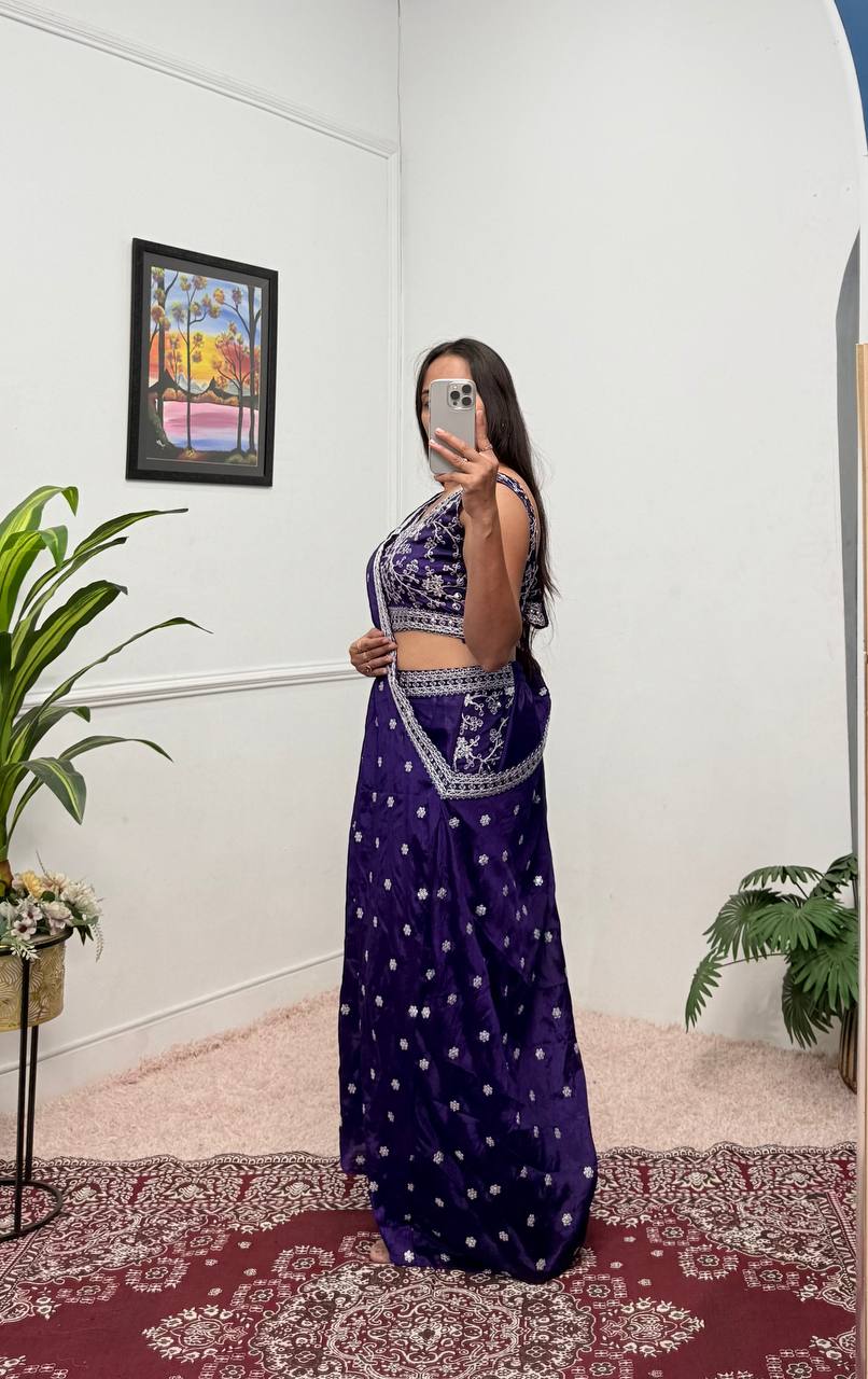 Party Wear Blue Color Chinon With Embroidery Work 3 Piece Indo-Western Set
