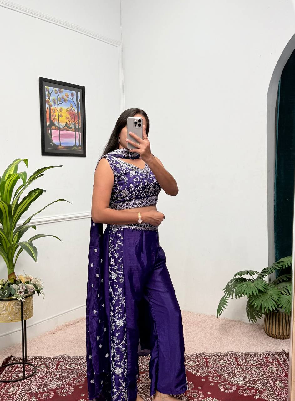 Party Wear Blue Color Chinon With Embroidery Work 3 Piece Indo-Western Set