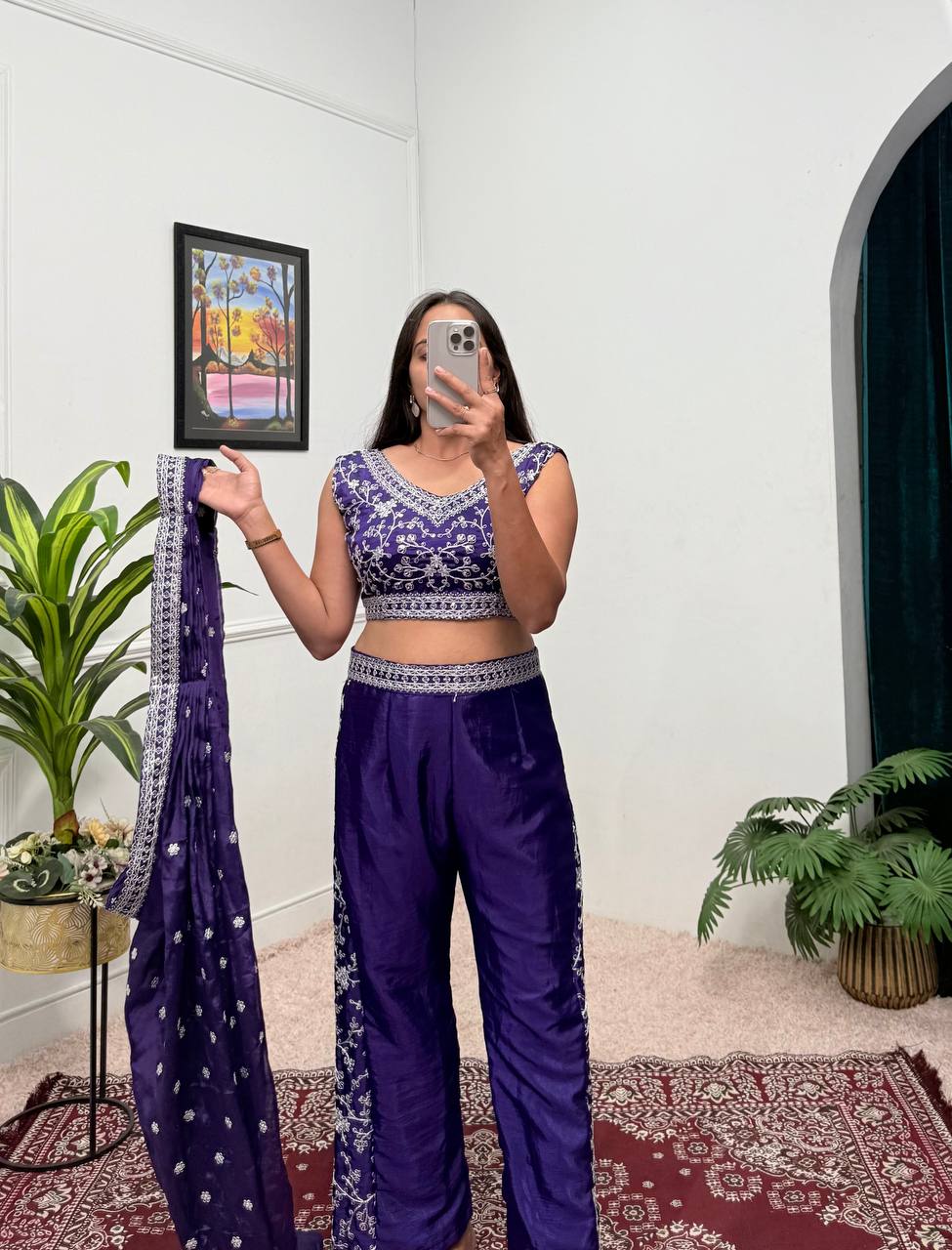 Party Wear Blue Color Chinon With Embroidery Work 3 Piece Indo-Western Set