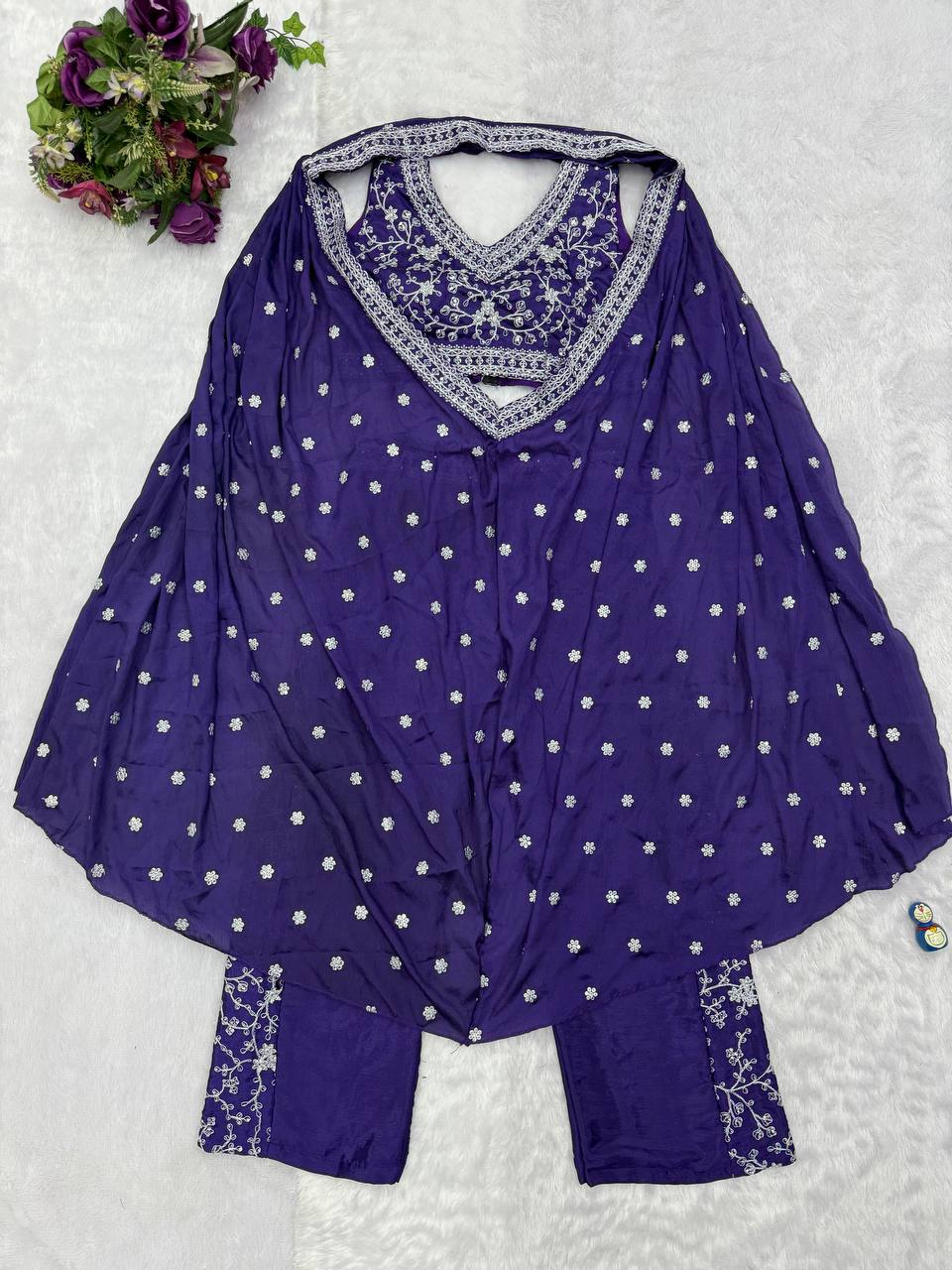Party Wear Blue Color Chinon With Embroidery Work 3 Piece Indo-Western Set