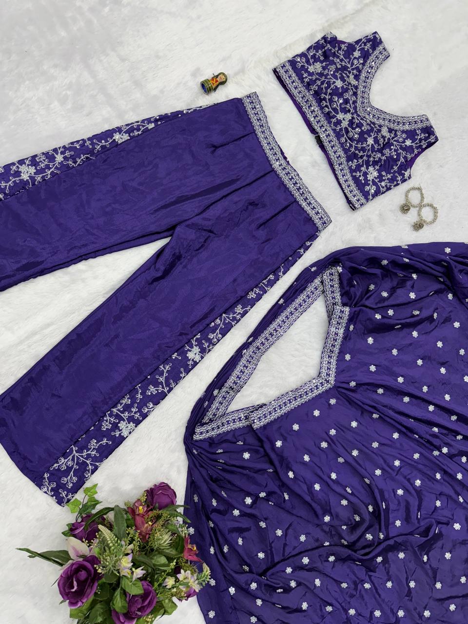 Party Wear Blue Color Chinon With Embroidery Work 3 Piece Indo-Western Set