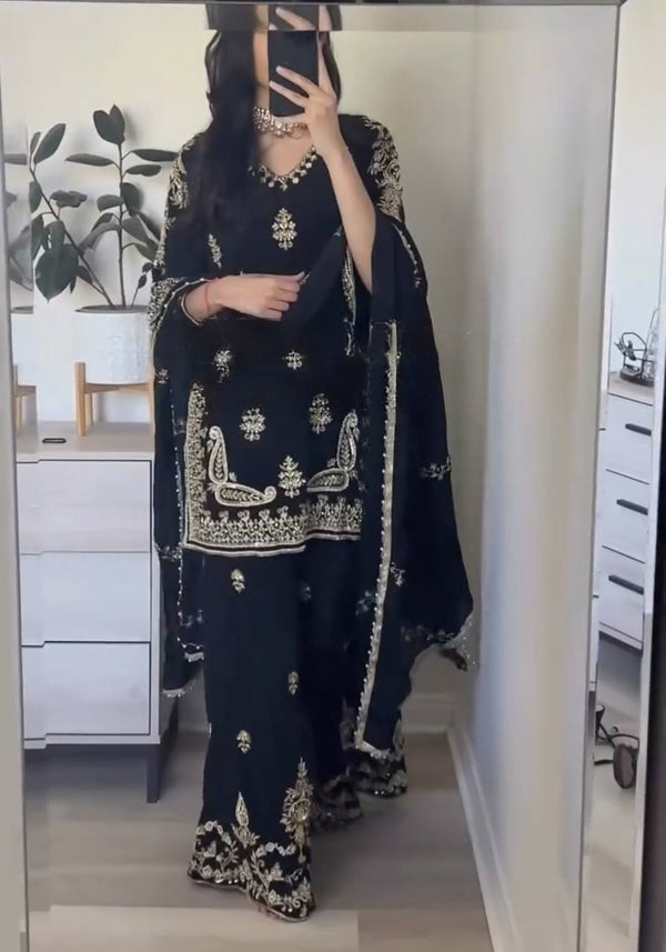 Wedding Wear Black Color Embroidered Designer Palazzo Suit