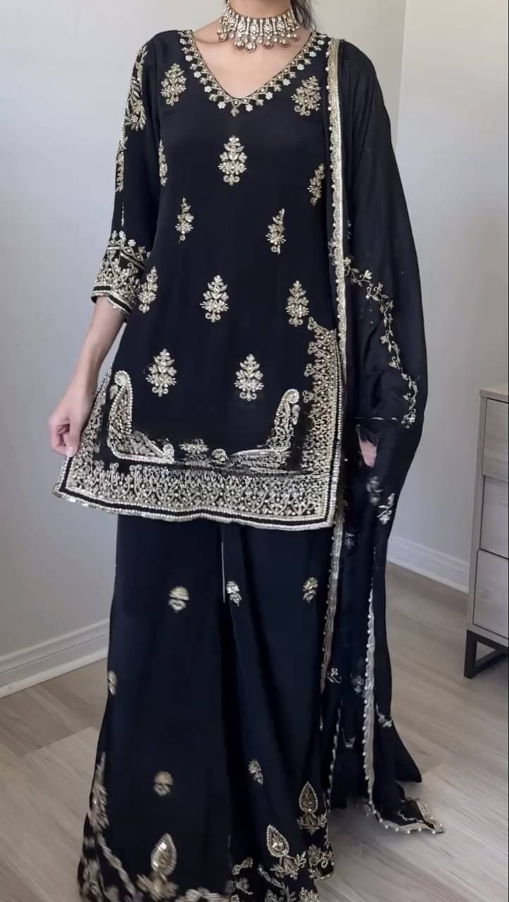 Wedding Wear Black Color Embroidered Designer Palazzo Suit