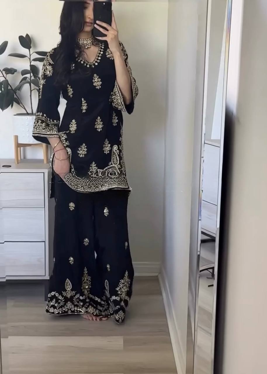 Wedding Wear Black Color Embroidered Designer Palazzo Suit