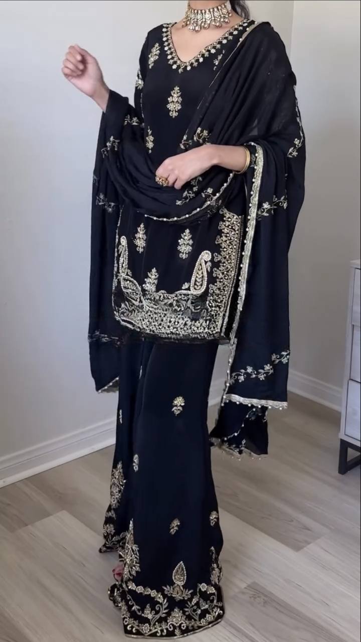 Wedding Wear Black Color Embroidered Designer Palazzo Suit