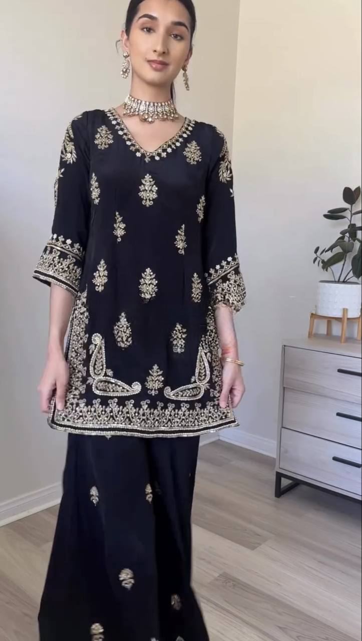 Wedding Wear Black Color Embroidered Designer Palazzo Suit