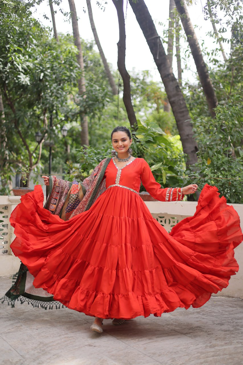 Alluring Layered Designer Gown With Dupatta