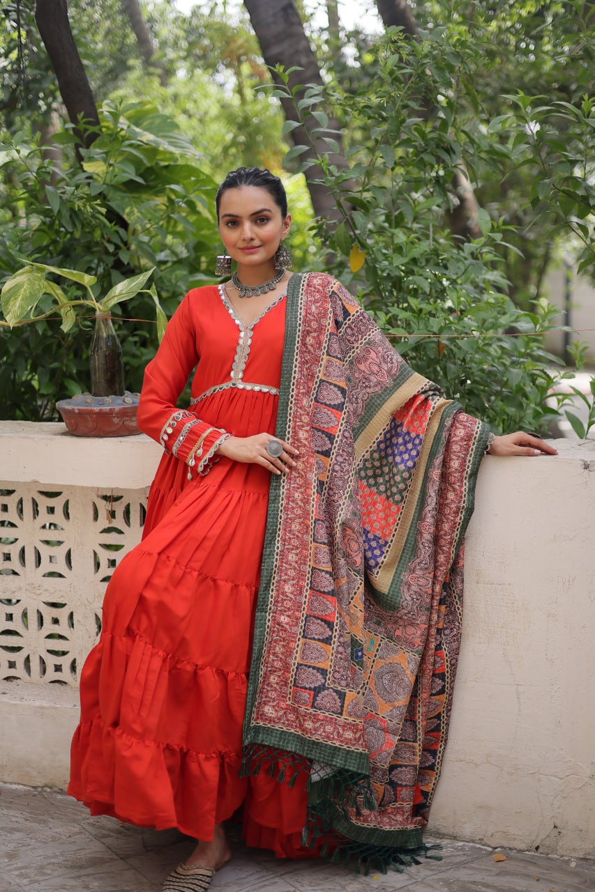 Alluring Layered Designer Gown With Dupatta