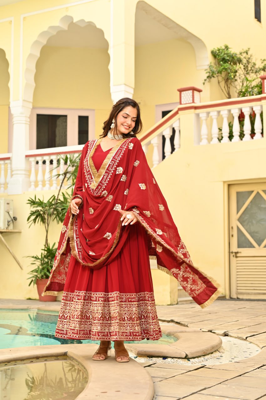 Red Color Embrooidered Designer Gown Set