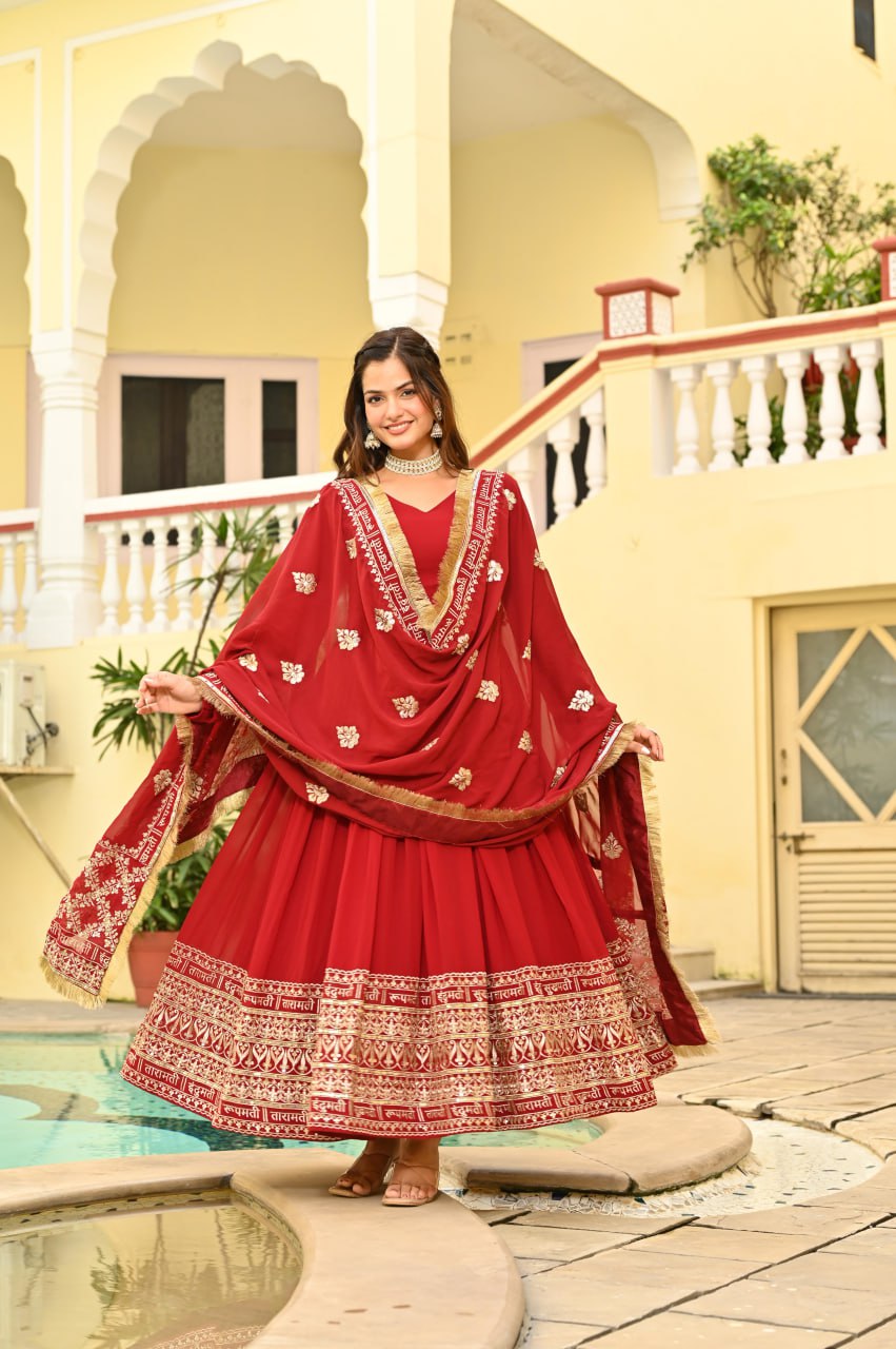 Red Color Embrooidered Designer Gown Set