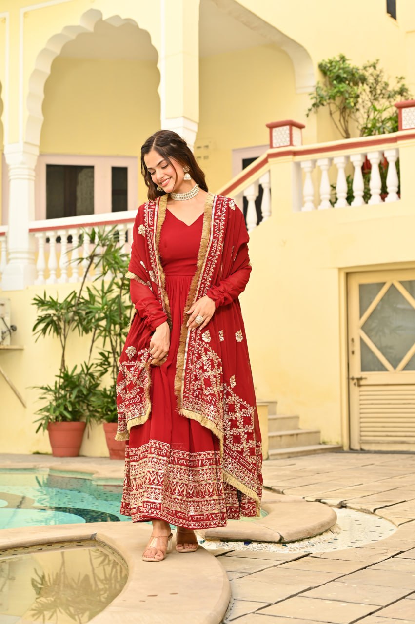 Red Color Embrooidered Designer Gown Set