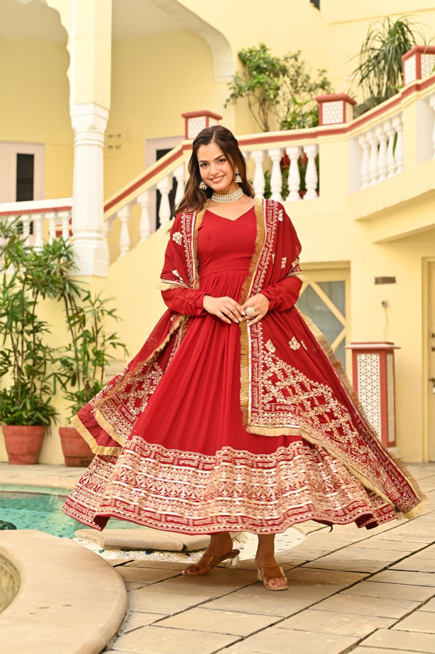 Red Color Embrooidered Designer Gown Set