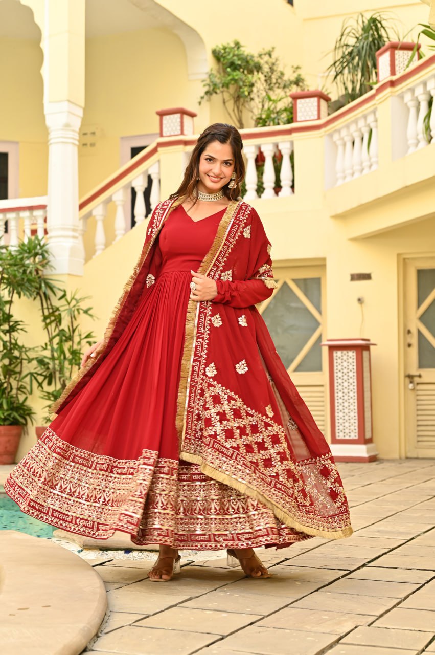 Red Color Embrooidered Designer Gown Set