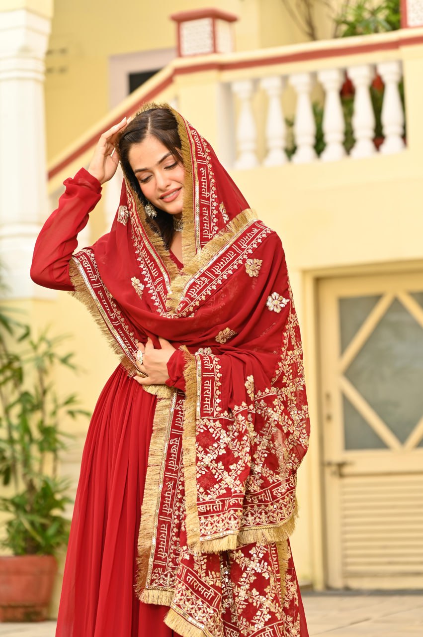 Red Color Embrooidered Designer Gown Set